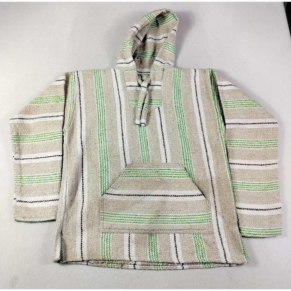 Earth Ragz Hoodie Mens Small Beige Striped Baja Drug Rug Pullover Hippie‎ Boho